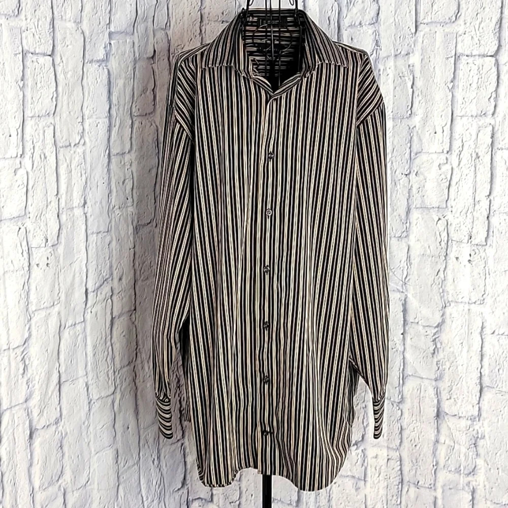 J FERRAR Blue, Brown, and Cream‎ Striped Dress Shirt 34/35 17 1/2